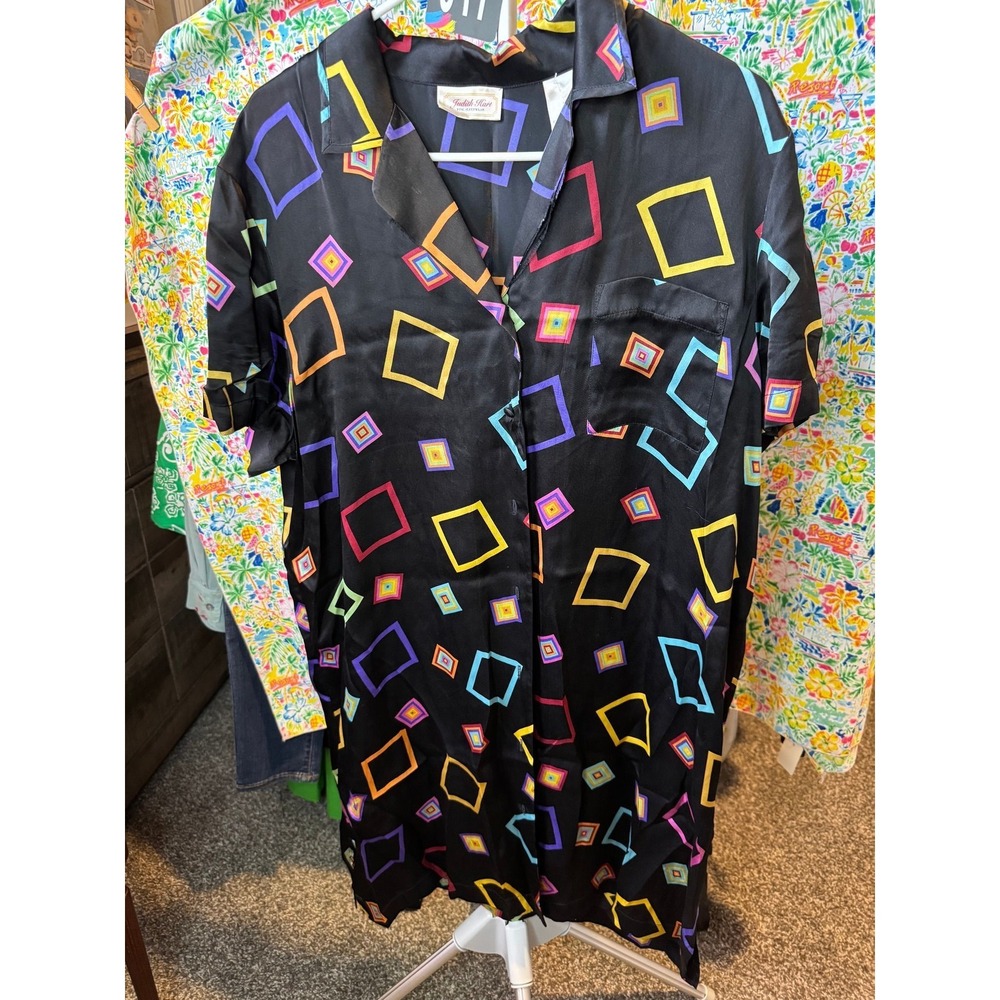 179 Judith Hart 100% Silk Nightshirt Black Geometric Square Print Vintage Large
